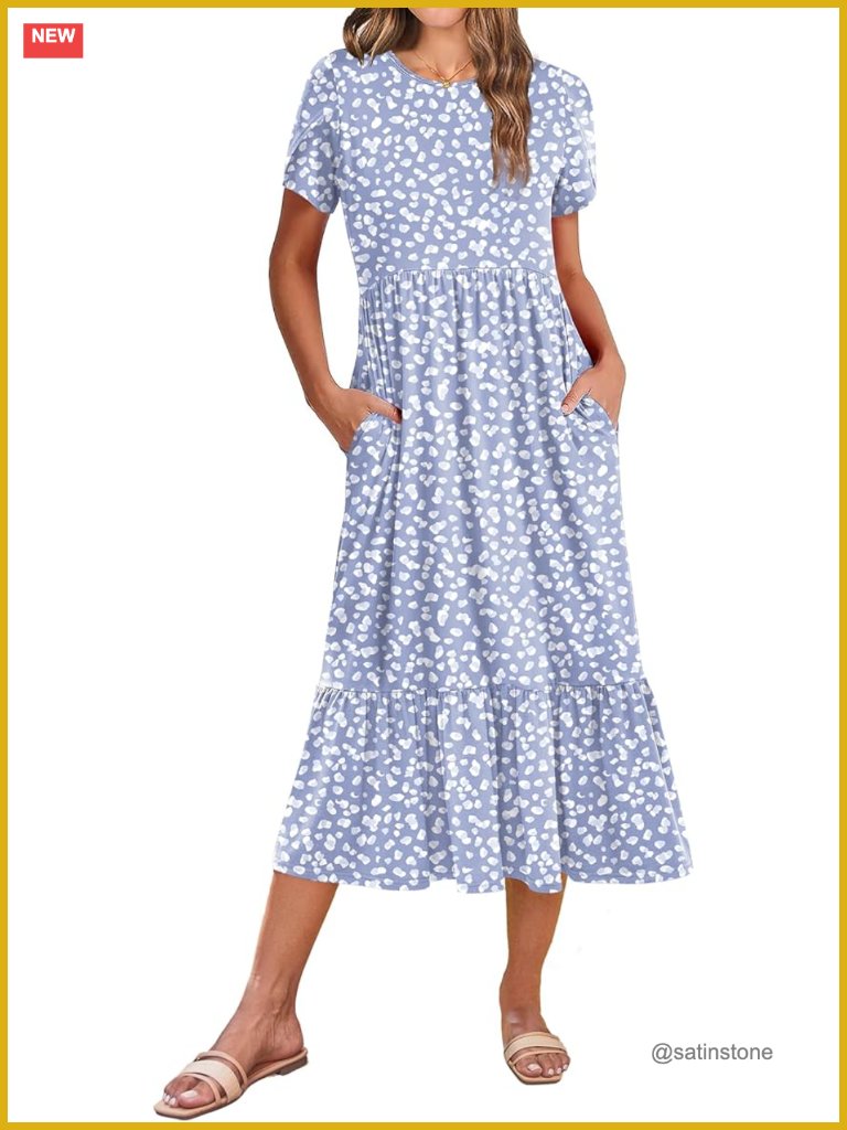 Women's Midi A-Line Dress Short Sleeve Flowy Tiered Beach Sundress With Pockets